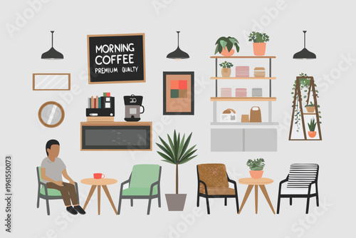 Minimalist coffee shop interior with seating plants and decorative elements