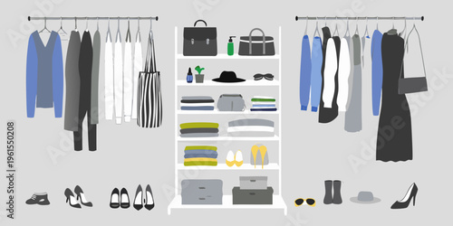 A minimalist clothing rack and shelving unit display various fashion items