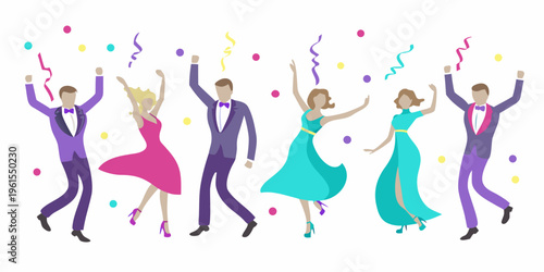 Celebration scene featuring people in formal wear joyfully raising their arms