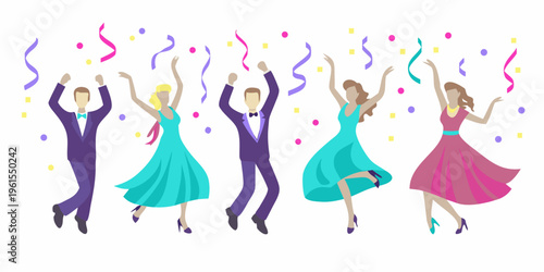 Celebratory group of people joyfully dancing with colorful confetti falling