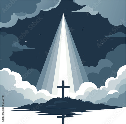 A cross on a hill bathed in a powerful light beam from a star in the dark, cloudy night sky, symbolizing hope and spirituality.
