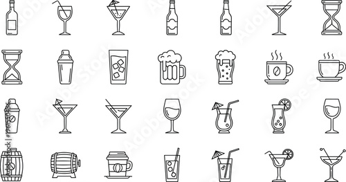 Collection of Cocktail, Beer, and Drink Icons for Restaurants, Bars, Menus, and Social Media Graphics in Clean Line Style