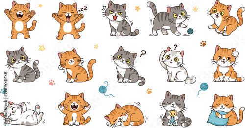 Cute cartoon cats collection set with playful kitten poses, emotions, activities, hand drawn vector illustration isolated on light background