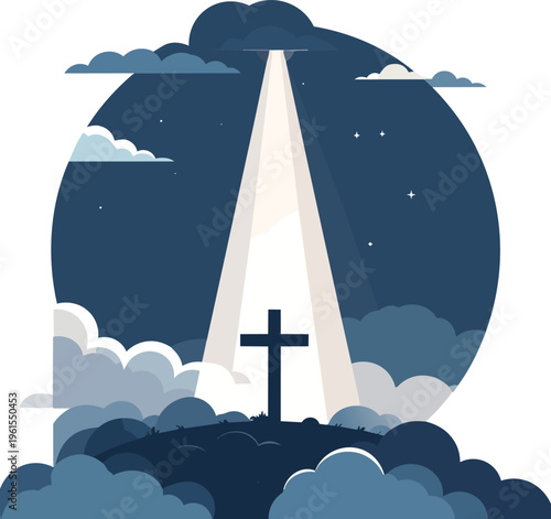 A powerful beam of light illuminates a Christian cross silhouetted on a hill under a starry night sky, surrounded by clouds.
