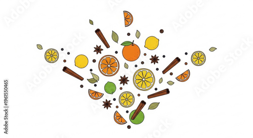 Vibrant citrus fruits and spices floating in air including oranges lemons limes cinnamon sticks and star anise on white background