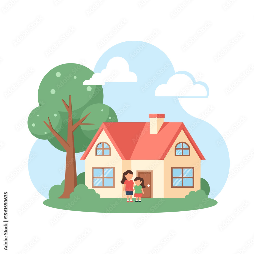 Fototapeta premium Family Home Scene: Two girls standing in front of a cozy house with a tree and clouds