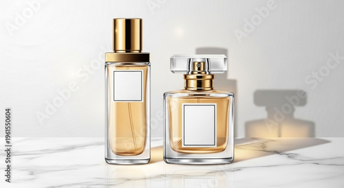 Two elegant perfume bottles with gold caps on a marble surface white background