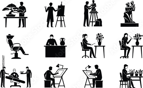Professional Creative Hobby Silhouette Collection Featuring Artists Painting Sculpting Pottery Bonsai Care Floristry Interior Design and Dental Care Icons for Stock Asset Marketplace