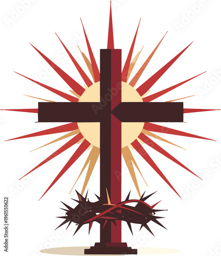 Stylized illustration of a Christian cross with a radiant sunburst behind it and a crown of thorns at its base, symbolizing sacrifice and resurrection.