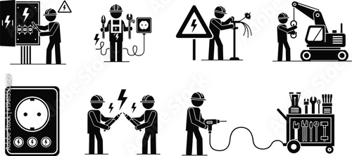 Professional electrician icon set featuring workers with tools, electrical panels, power sockets, industrial maintenance, safety signs, and construction 