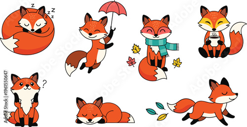 Cute fox character vector set featuring playful sleeping walking and autumn themed foxes with scarf umbrella and leaves illustration