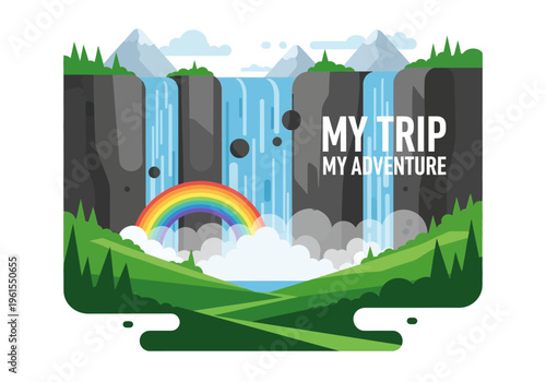 My Trip My Adventure A Majestic Waterfall Landscape with a Vibrant Rainbow and Lush Greenery