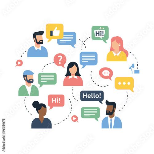Diverse people communicating via chat bubbles, social media, online connection, teamwork, discussion