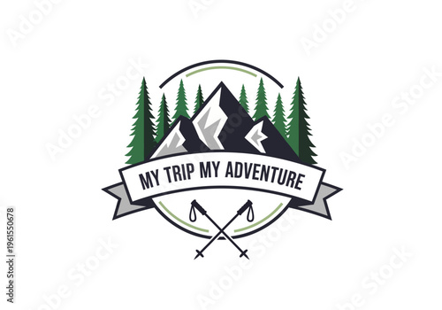 My Trip My Adventure logo, a stylish emblem featuring mountains, pine trees, and hiking poles, perfect for travel and outdoor enthusiasts