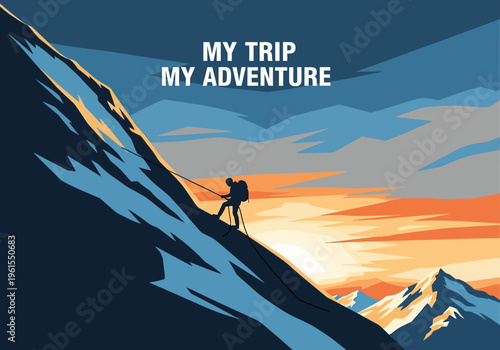 Mountain Climbing Adventure with Sunset and Majestic Peaks