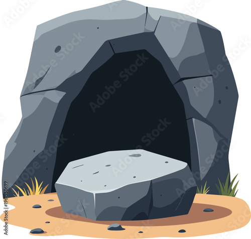 Cartoon illustration of a dark cave entrance with a large grey rock sitting on sandy ground, surrounded by sparse grass tufts.