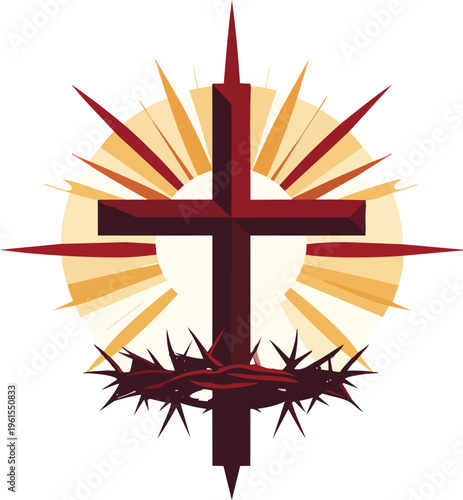 Christian cross with a radiant halo and crown of thorns, symbolizing sacrifice and resurrection against a bright background.