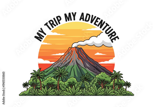 Volcano erupting with lush jungle foliage and a sunset backdrop, promoting an adventurous journey