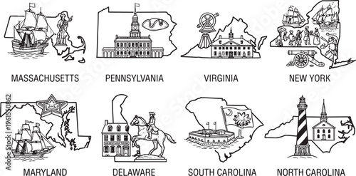 Hand-Drawn Line Art US Historical State Maps Concept