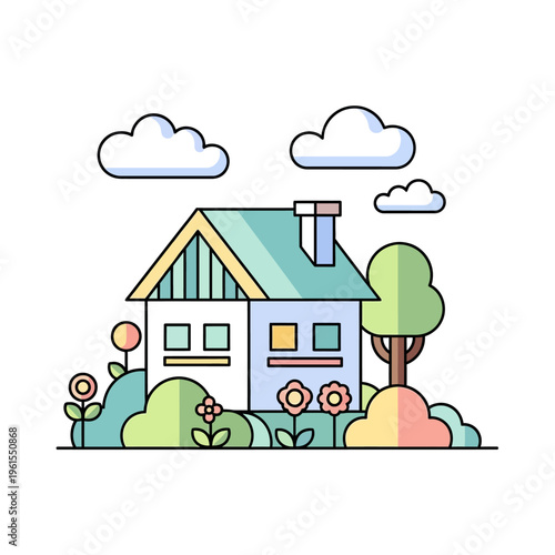 Charming Flat Design House with Garden, Tree, and Clouds