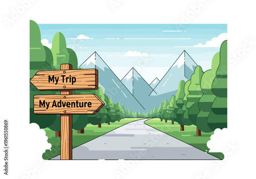 Scenic mountain road leading to a fork in the path with signs pointing to 'My Trip' and 'My Adventure', inviting exploration