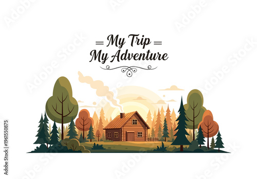 My Trip My Adventure Cozy cabin nestled amidst a picturesque forest landscape during a vibrant sunset