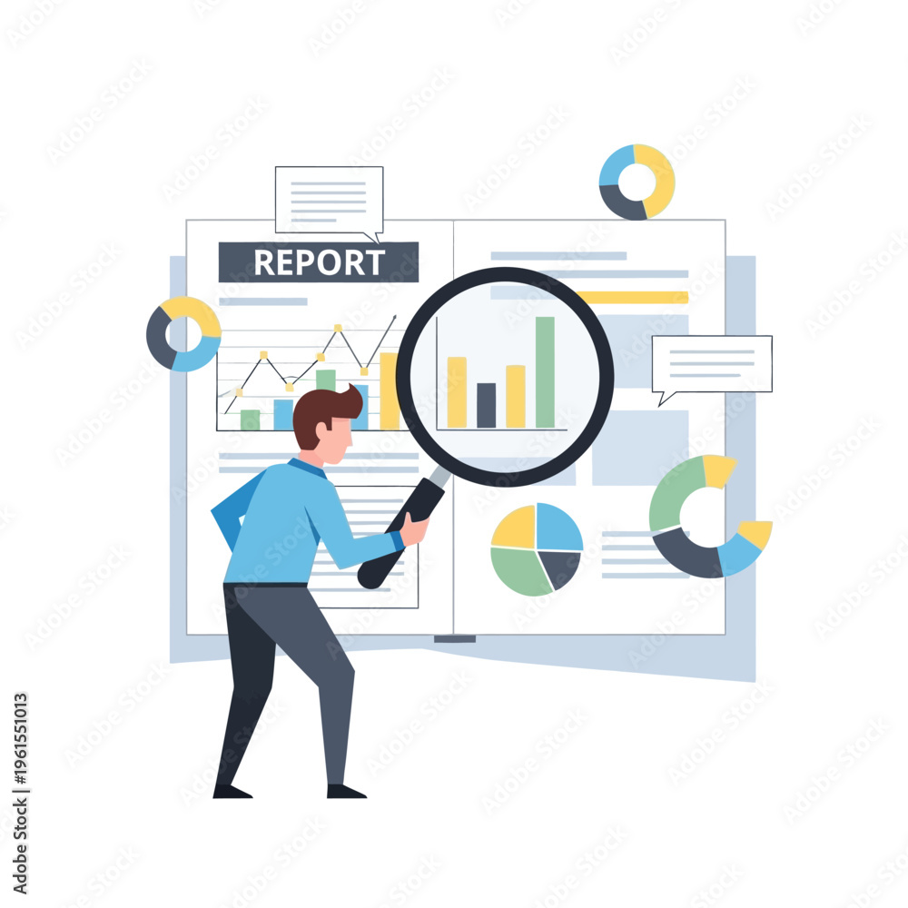 Fototapeta premium Business analytics concept: Man with magnifying glass examining financial report charts and graphs