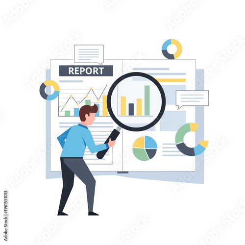 Business analytics concept: Man with magnifying glass examining financial report charts and graphs
