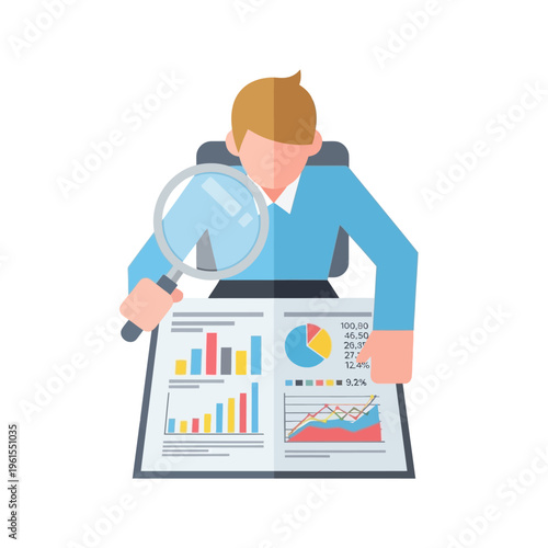 Business Analyst Examining Financial Reports with Magnifying Glass