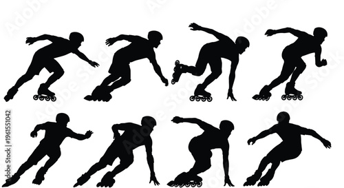 Dynamic vector illustration depicting multiple silhouettes of an inline skater in various action poses.