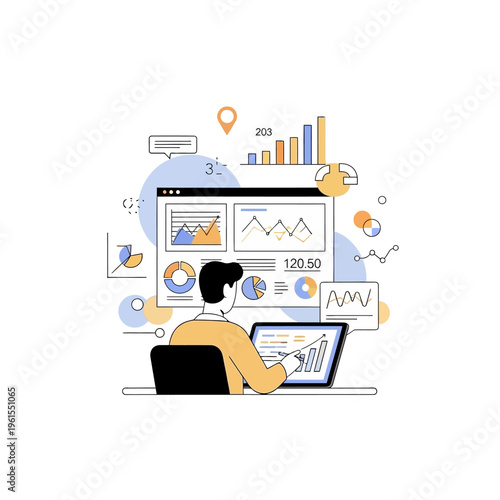 Analyst working on laptop with data charts and graphs, business analytics concept