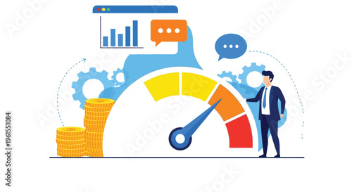 Dynamic vector illustration of a businessman measuring and optimizing business performance and financial success.