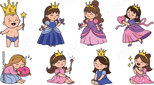 Cute little princess girls collection with crowns, dresses and magic wands, fairytale cartoon characters vector illustration set isolated