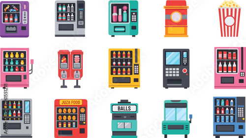Colorful illustration of fifteen vending machines and dispensers offering snacks, drinks, cosmetics, and toys, representing automated retail systems, food service, and commercial design artwork