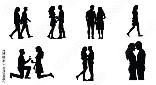 Collection of romantic couple silhouettes illustrating proposal dating togetherness and walking vector graphic designs