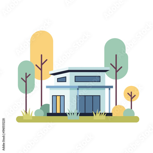 Modern Flat Design House with Trees and Greenery