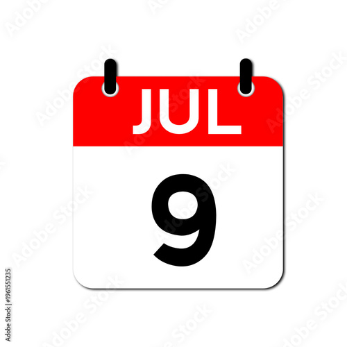 July 9th Daily Calendar Icon Vector - Flat Red and White Date Page Symbol for Business Schedules, Event Planning, Deadlines, and Time Management Apps