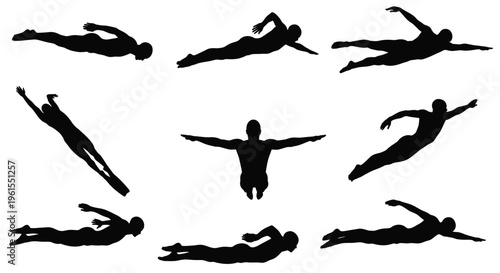 Vector illustration of male swimmer silhouettes demonstrating various swimming strokes and underwater poses in dynamic action.