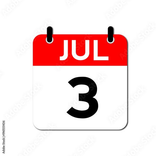 July 3rd Daily Calendar Icon Vector - Flat Red and White Date Page Symbol for Business Schedules, Event Planning, Deadlines, and Time Management Apps