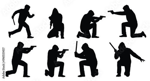 Dynamic vector illustration showing criminal figures in various aggressive poses with firearms and melee weapons.