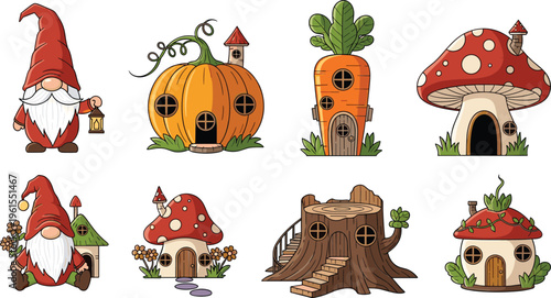 Fantasy fairy tale houses vector set including gnome pumpkin carrot mushroom strawberry and tree stump homes for magical illustration design