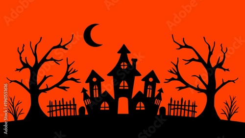 A spooky silhouette of a haunted house and barren trees at night