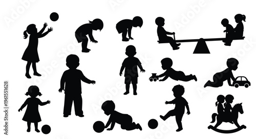 Various black silhouettes of children engaged in playful activities and toddler movements vector illustration.