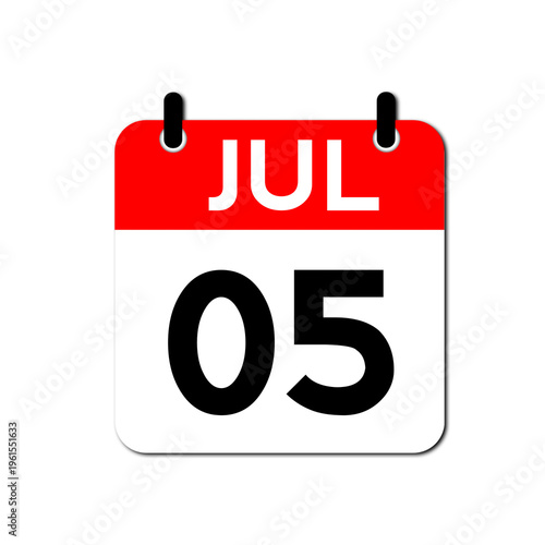 July 5th Daily Calendar Icon Vector - Flat Red and White Date Page Symbol for Business Schedules, Event Planning, Deadlines, and Time Management Apps