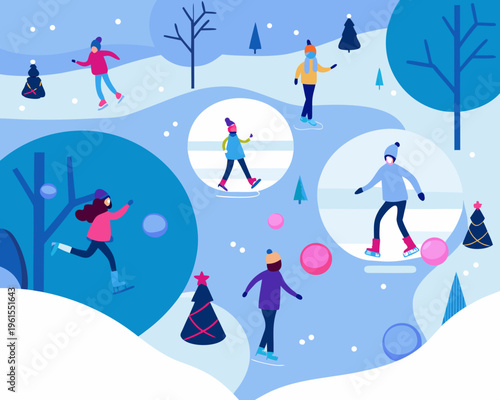 People ice skating and enjoying winter activities in a stylized landscape