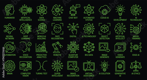 Set of artificial intelligence icons machine learning and data science