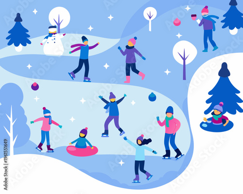 People ice skating and enjoying winter activities in a snowy landscape