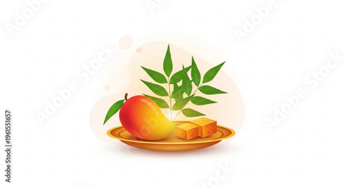 Fresh mango slices on golden plate with green leaves healthy snack or dessert option