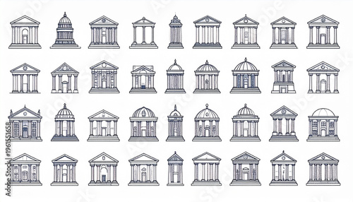 Set of Greek and Roman Temple Architecture Icons - Classical Government and Bank Building Vector Silhouettes.