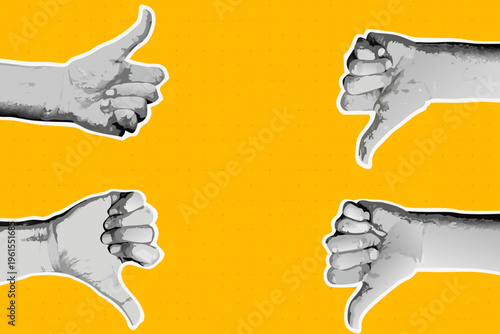 Four hands displaying thumbs up and thumbs down gestures on yellow